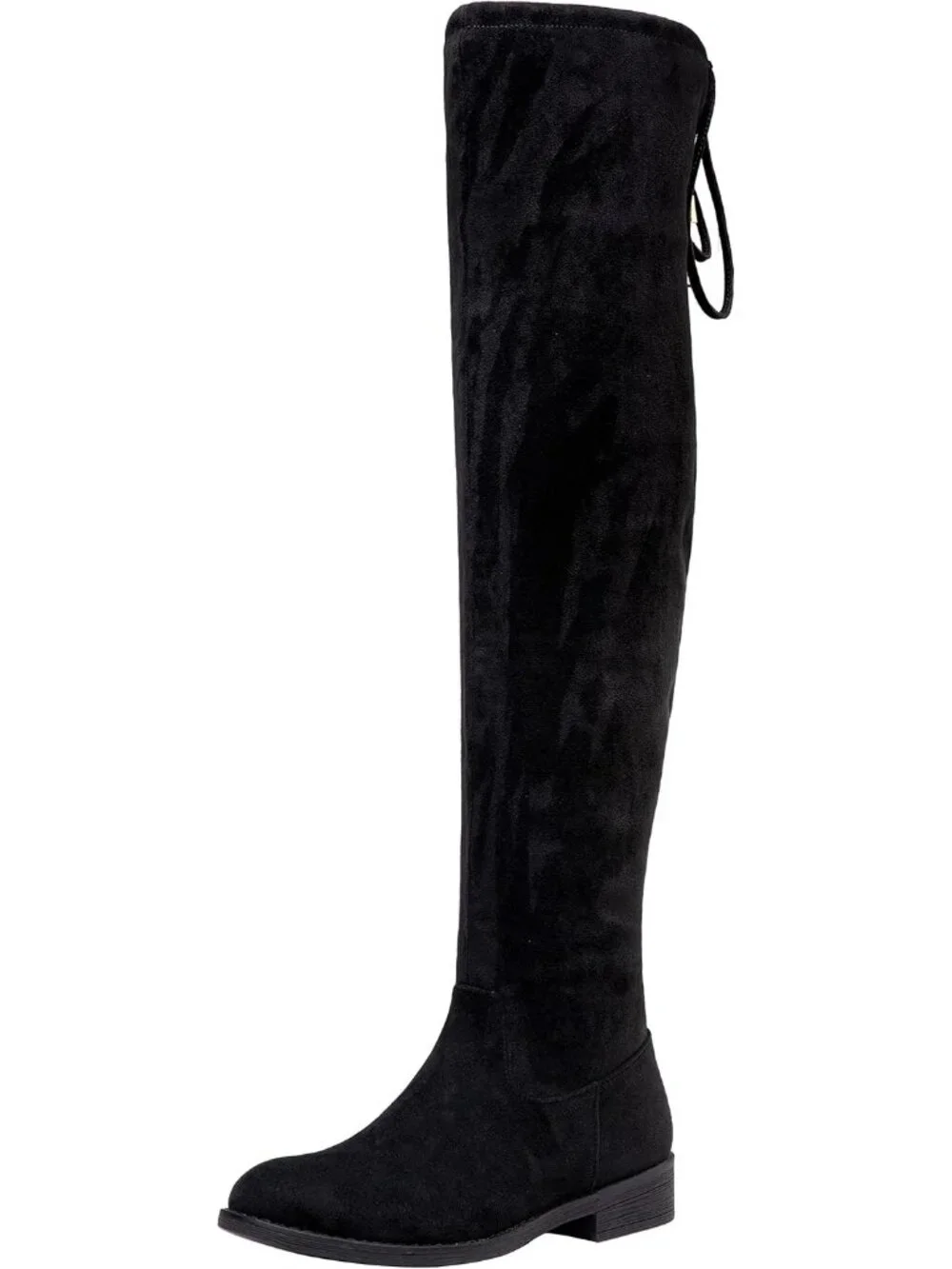 Women's Black Synthetic Suede Side Zipper Flat Heel Stretch Over The Knee Boots